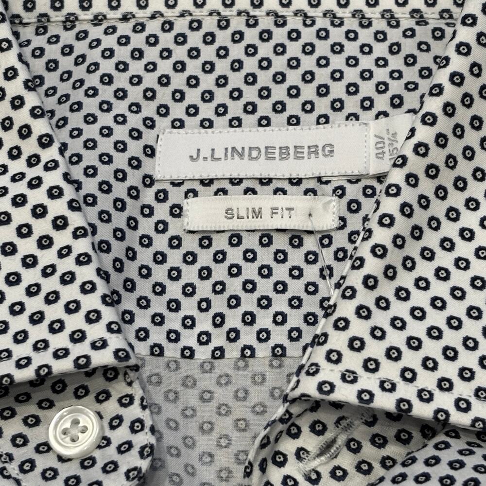 J.Lindeberg Slim Fit Long Sleeve Size 40 15 3/4 [M] White Blue Micro Medallion - Picture 2 of 8